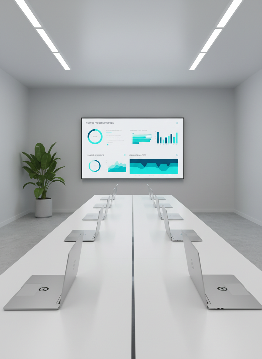 A minimalist training lab environment with a long, matte white table lined with identical closed laptops, each featuring a subtle logo, suggesting readiness for a digital learning session. At the front of the room, a large wall-mounted display shows a clean, modern dashboard of course analytics and learner progress charts in blues and teals. The space features smooth concrete floors and light gray walls, with a single potted plant in the far corner adding a touch of green. Bright yet soft overhead LED lighting creates even, shadow-free illumination. Photographic realism, captured from the back of the room at a slightly low angle, leading the eye toward the display. The mood is professional, data-informed, and forward-looking, emphasizing scalable, technology-driven training solutions.