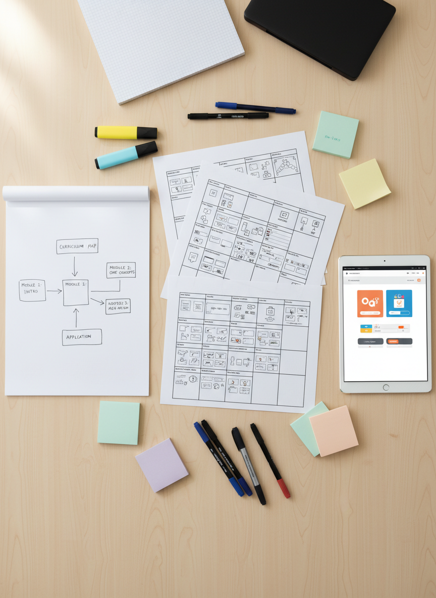 An overhead view of an instructional design planning table, covered with neatly arranged artifacts: printed storyboards with thumbnails of eLearning slides, a sketched curriculum map on crisp white paper, and a tablet displaying an interactive course prototype. Smooth wooden table surface, light ash color, with a subtle sheen. Highlighters, fine-tip pens, and sticky notes in coordinated pastel colors are carefully placed around the documents. Soft, diffused daylight from an unseen window creates even illumination with very gentle shadows, enhancing legibility. Photographic realism with sharp focus across the entire frame, emphasizing order and structure. The atmosphere is calm, analytical, and creative, reflecting structured problem-solving and thoughtful design, perfect for showcasing a professional portfolio in instructional design and training solutions.