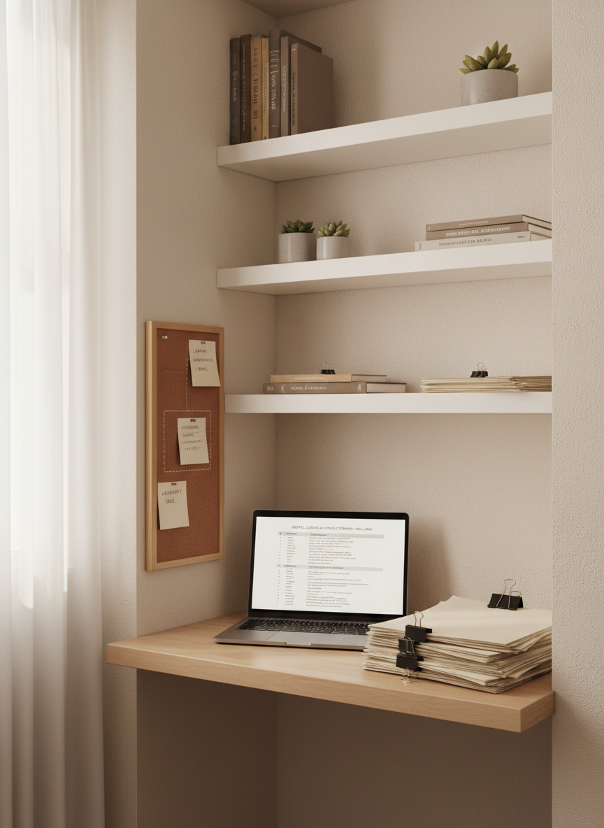 A compact home office nook dedicated to curriculum design, featuring a small birch wood desk tucked into an alcove with floating white shelves above. On the desk sits a slim laptop showing a detailed course outline document, beside a stack of printed lesson plans clipped together with metal binder clips. A corkboard to the side holds carefully arranged learning objectives and assessment ideas. Soft, indirect natural light filters through sheer curtains, creating a cozy but professional atmosphere, with gentle highlights on the paper edges and desk surface. Photographic realism, framed in a rule-of-thirds composition from an eye-level perspective. The mood is warm, focused, and quietly productive, ideal for representing a personal instructional design portfolio space.