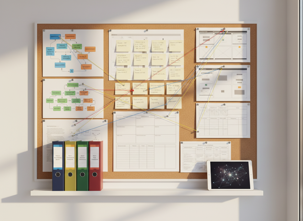 A large corkboard mounted on a smooth white wall, completely covered with neatly pinned instructional design artifacts: color-coded flowcharts, course objectives on index cards, annotated wireframes of training screens, and printed assessment rubrics. Thin colored string connects related items, forming a clear visual map of a learning journey. A slim floating shelf below holds organized curriculum binders and a tablet in standby mode. Warm afternoon light from a nearby window washes across the board, creating soft, directional shadows that highlight the layered textures of paper and cork. Photographic realism, shot straight-on with sharp focus across the entire surface, emphasizing structure and detail. The atmosphere is thoughtful, methodical, and strategic, perfectly conveying the complexity and organization of professional curriculum and training design.