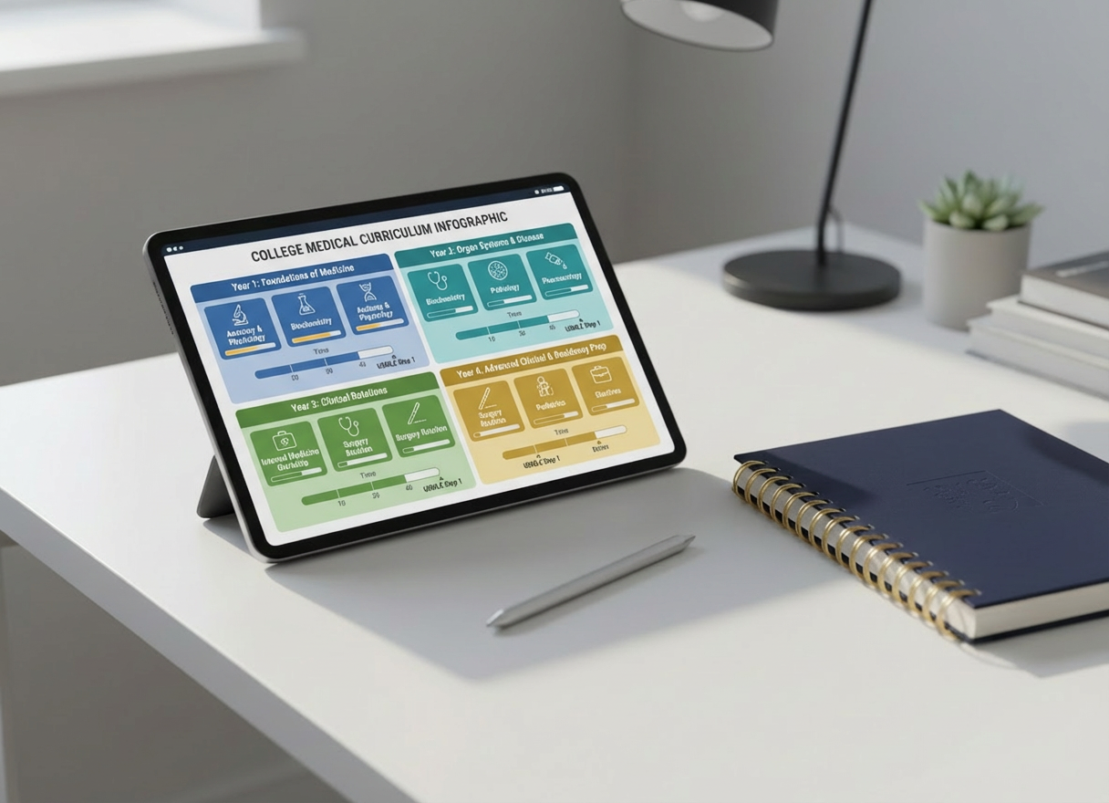 Comprehensive visual guide for medical studies Tablet displaying a four-year medical curriculum infographic on a clean desk with study supplies.